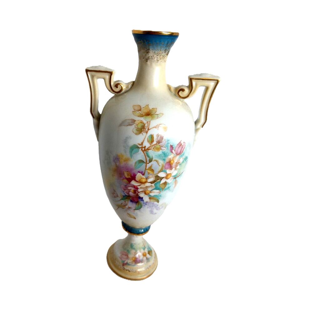 Antique RS Suhl Porcelain 13" Vase Hand Painted Floral Double Handle Vintage